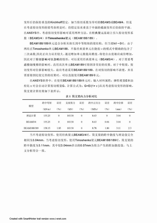 ANSYS中梁单元考虑剪切变形的影响：经典梁元基于变形前后垂直于中面的截面变形后仍保持垂直的Kirchhoff假定，如当剪切系数为零时的BEAM3或BEAM4，但是在考虑剪切变形的梁弯曲理论时，仍假定原来垂直于中面的截面变形后仍保持平面。在ANSYS中，考虑剪切变形影响可采用两种方法，在经典梁元基础上引入剪切变形系数（BEAM3/4）和Timoshenko梁元（BEAM188/189）。